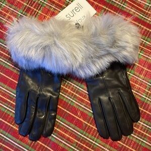 Brand New SURELL Genuine Leather Black Gloves with Gray Faux Fur Cuff